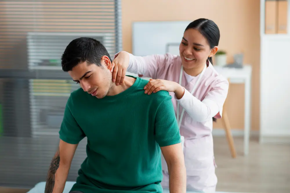 Chiropractor providing spinal adjustment to male patient
