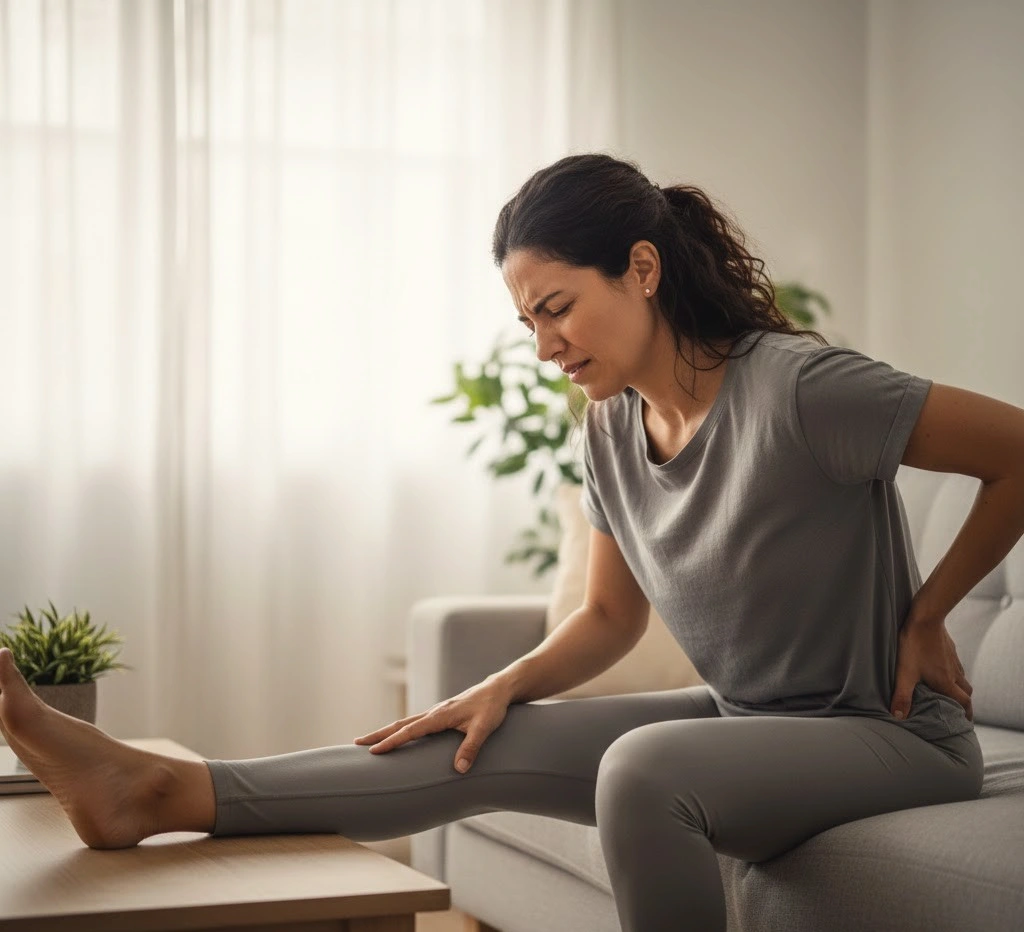 Female sitting on couch with sciatica pain holding her lower back and leg